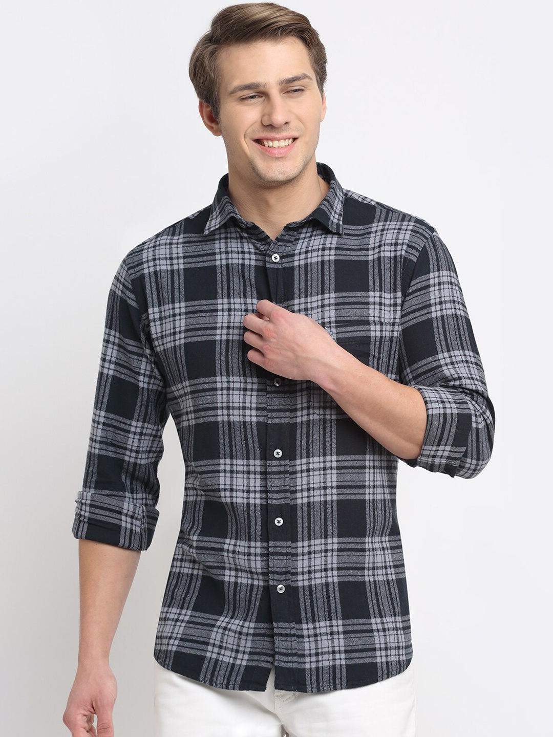 

Cantabil Men Navy Blue Original Tartan Checks Checked Casual Shirt