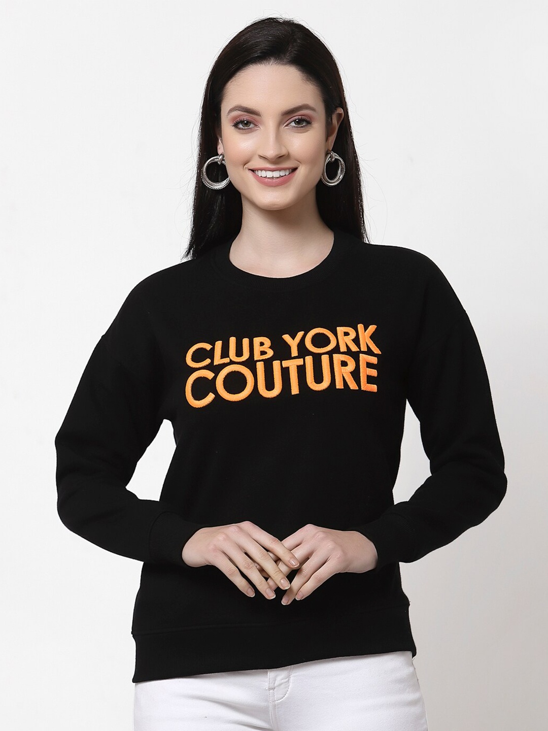 

Club York Women Black Embroidered Cotton Sweatshirt