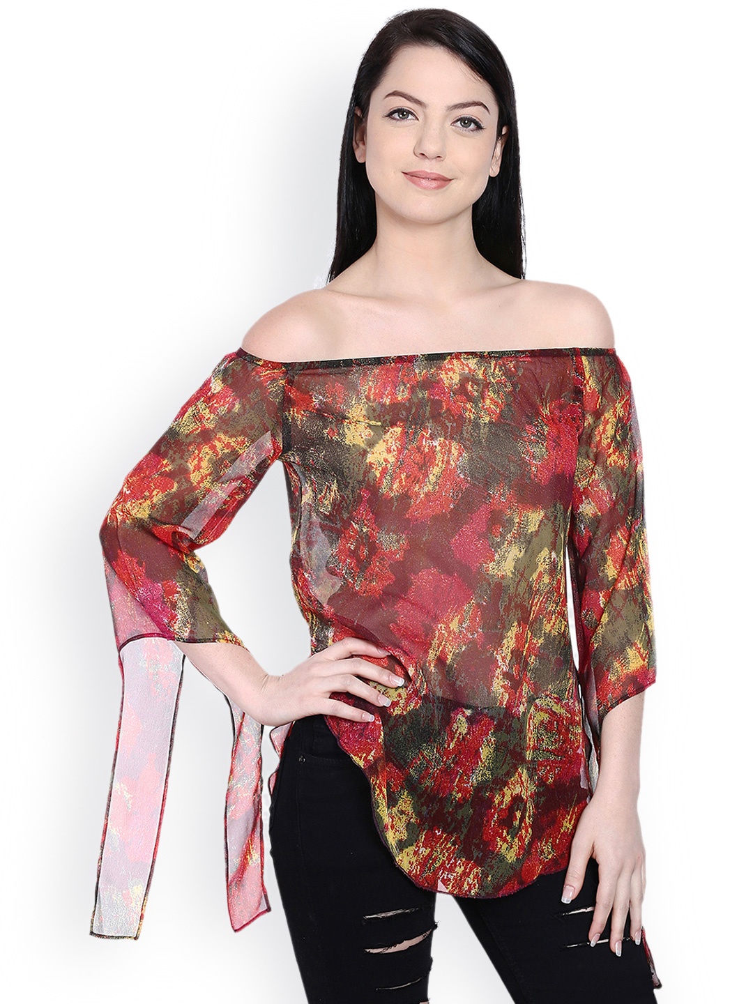 

Style Quotient Women Multicoloured Printed & Sheer Off-Shoulder Top, Multi