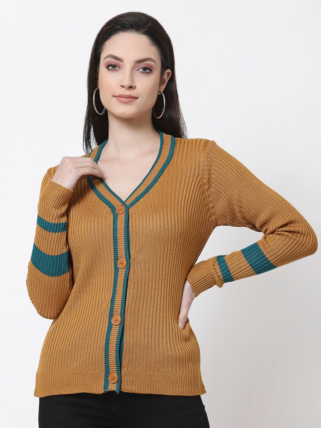 

Club York Women Mustard & Blue Ribbed Cardigan