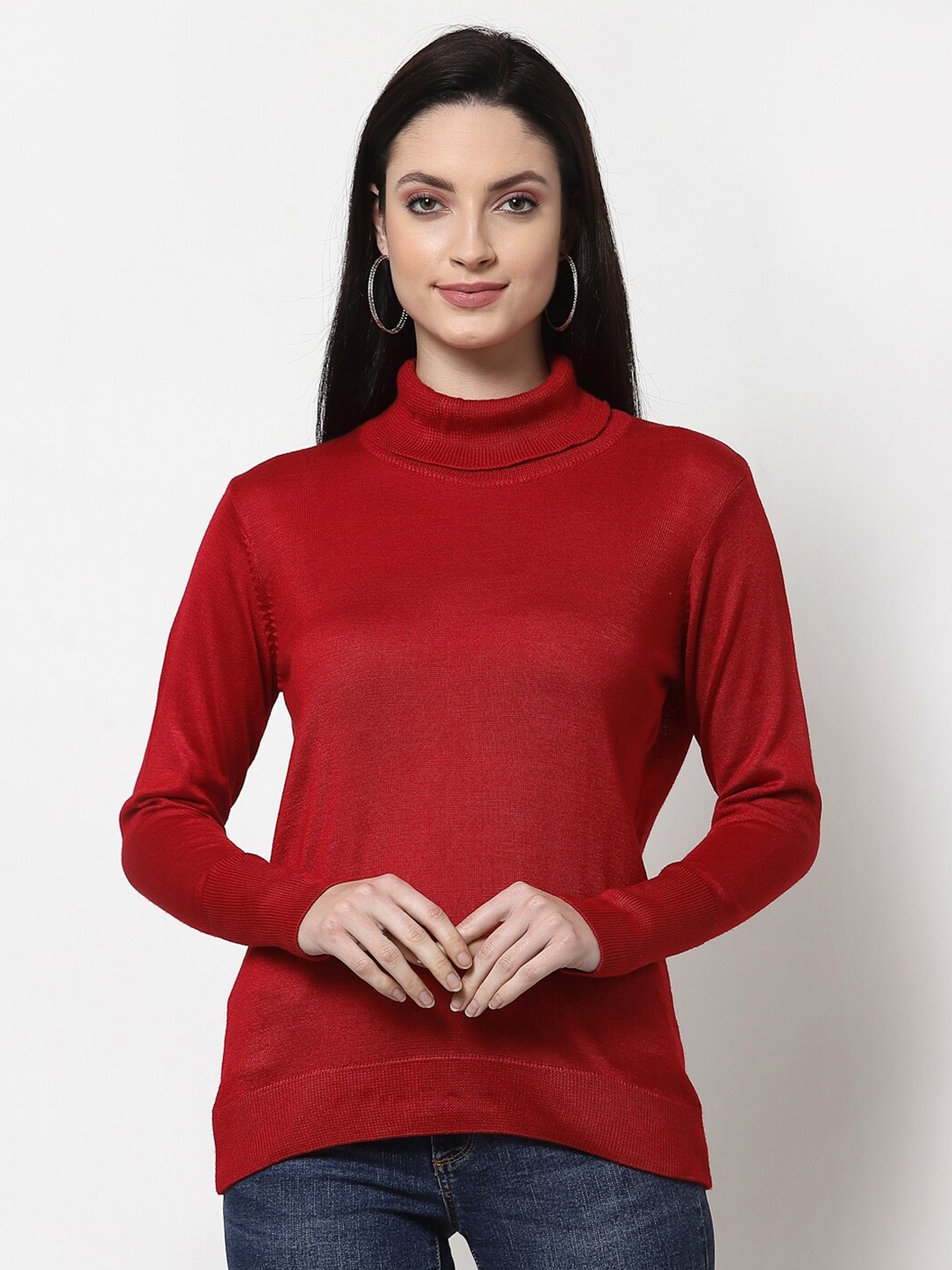 Club York Women Red Solid Long Sleeves Pullover Sweater