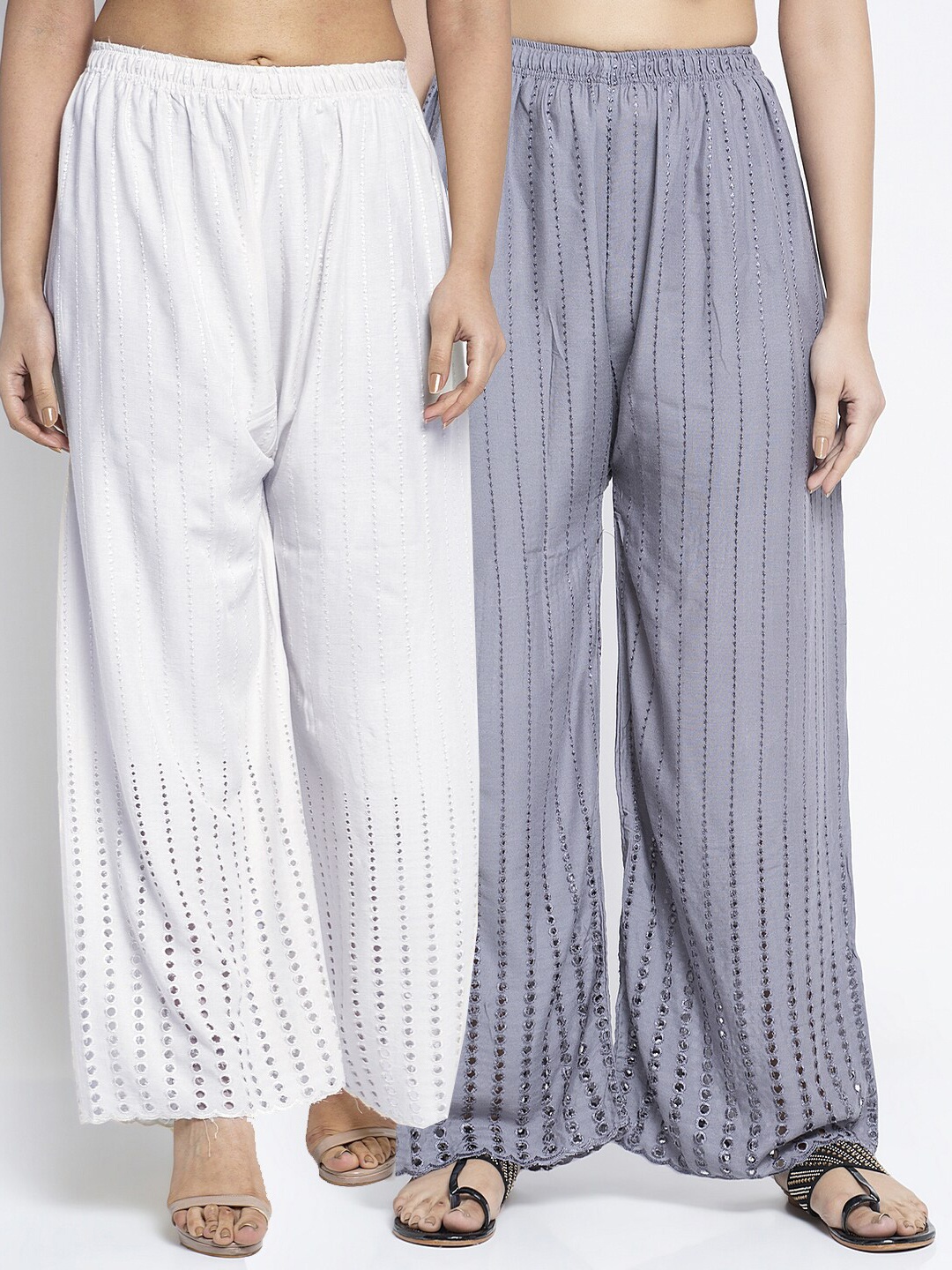

Jinfo Women White & Grey 2 Embroidered Knitted Palazzos
