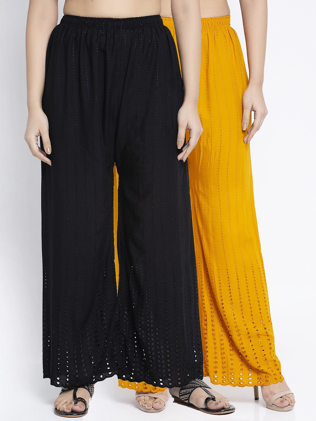 

Jinfo Women Pack of 2 Black & Mustard Yellow Embroidered Flared Knitted Ethnic Palazzos