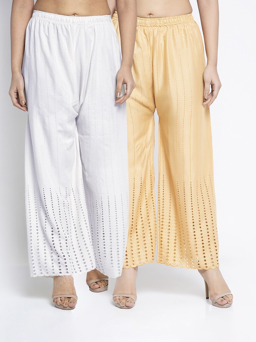 

Jinfo Women Pack Of 2 White & Beige Flared Knitted Ethnic Palazzos