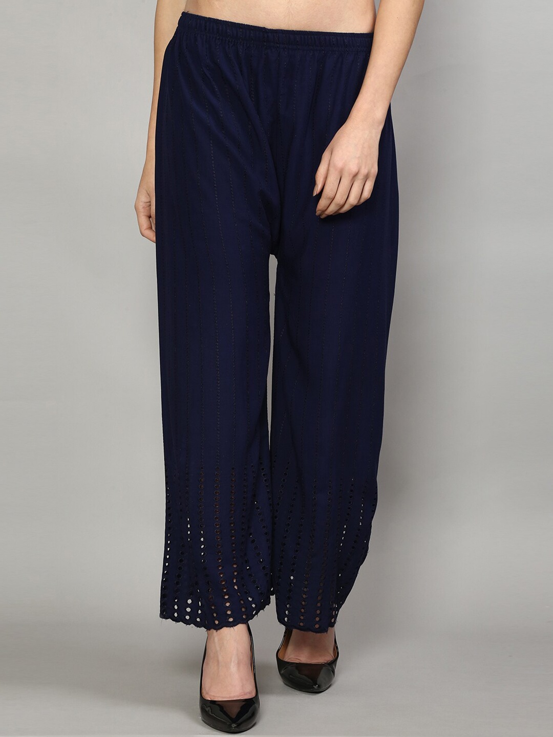 

Jinfo Women Navy Blue Embroidered Flared Knitted Ethnic Palazzos