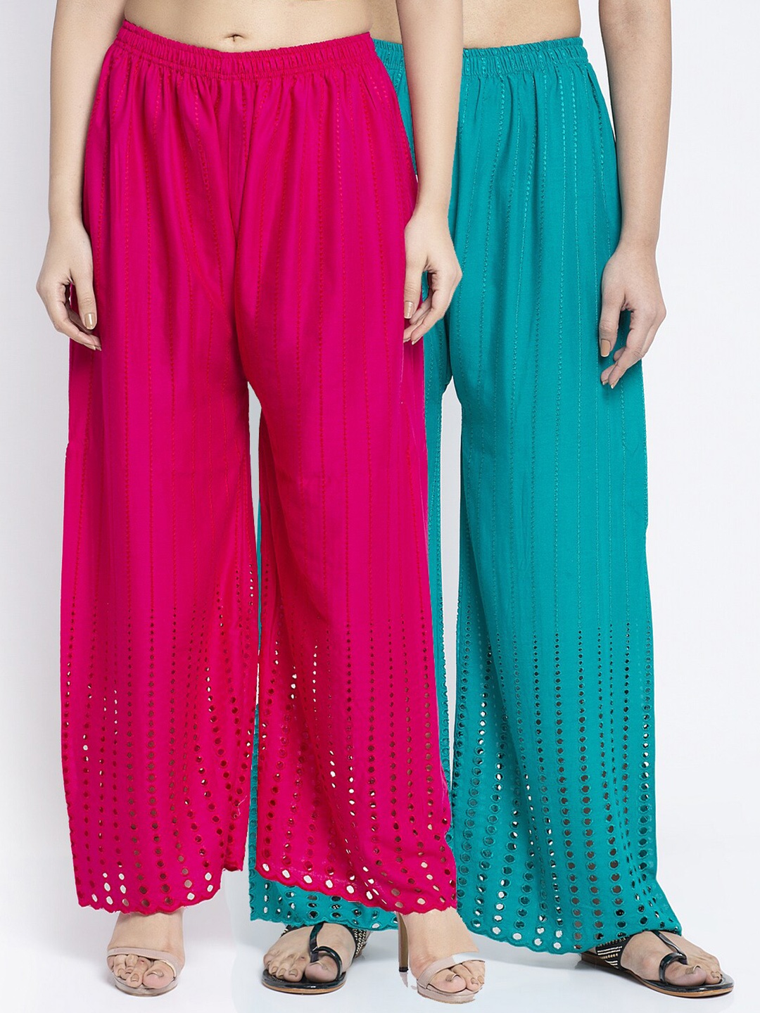 

Jinfo Women Pack of 2 Pink & Teal Embroidered Knitted Ethnic Palazzos