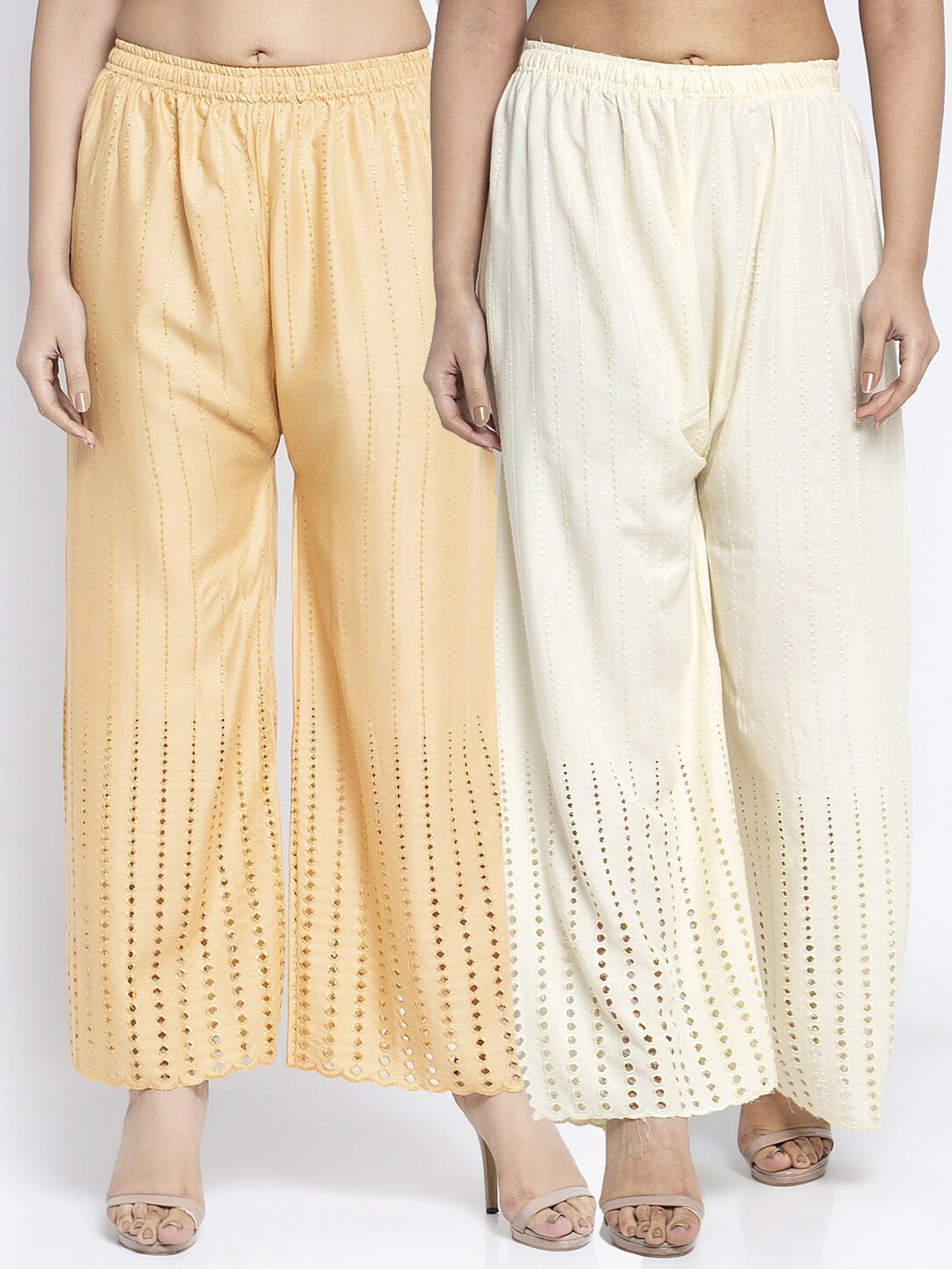

Jinfo Women Beige & Off White Set of 2 Self Design Flared Knitted Ethnic Palazzos