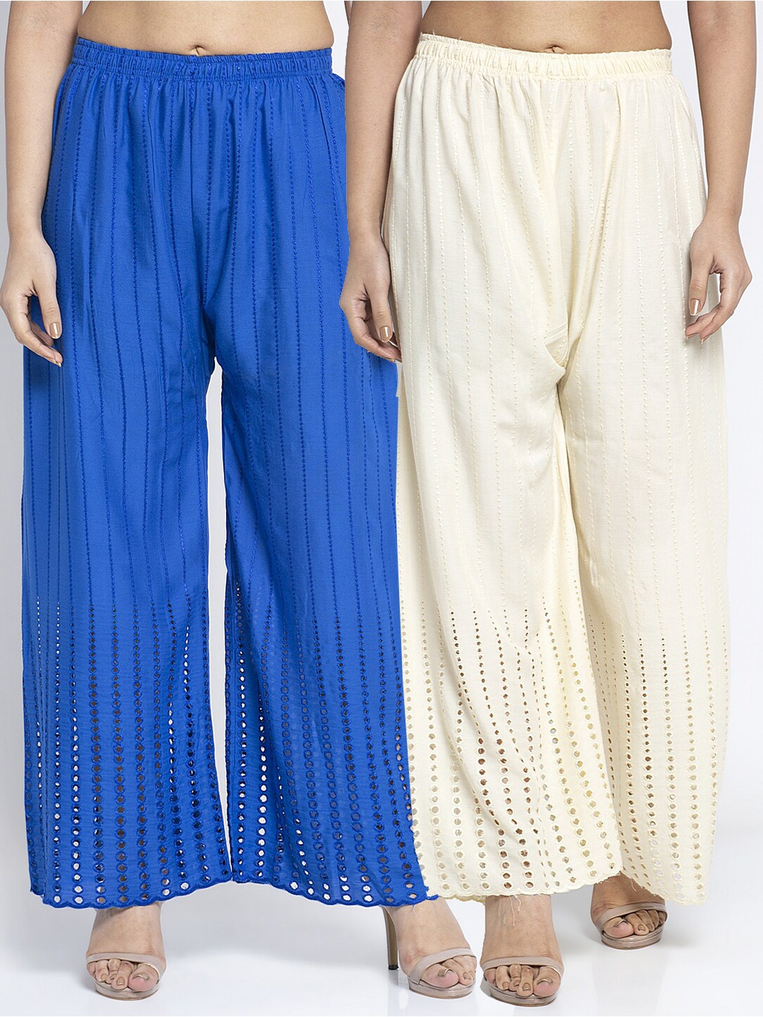 

Jinfo Women Pack of 2 Embroidered Flared Knitted Ethnic Palazzos, Blue