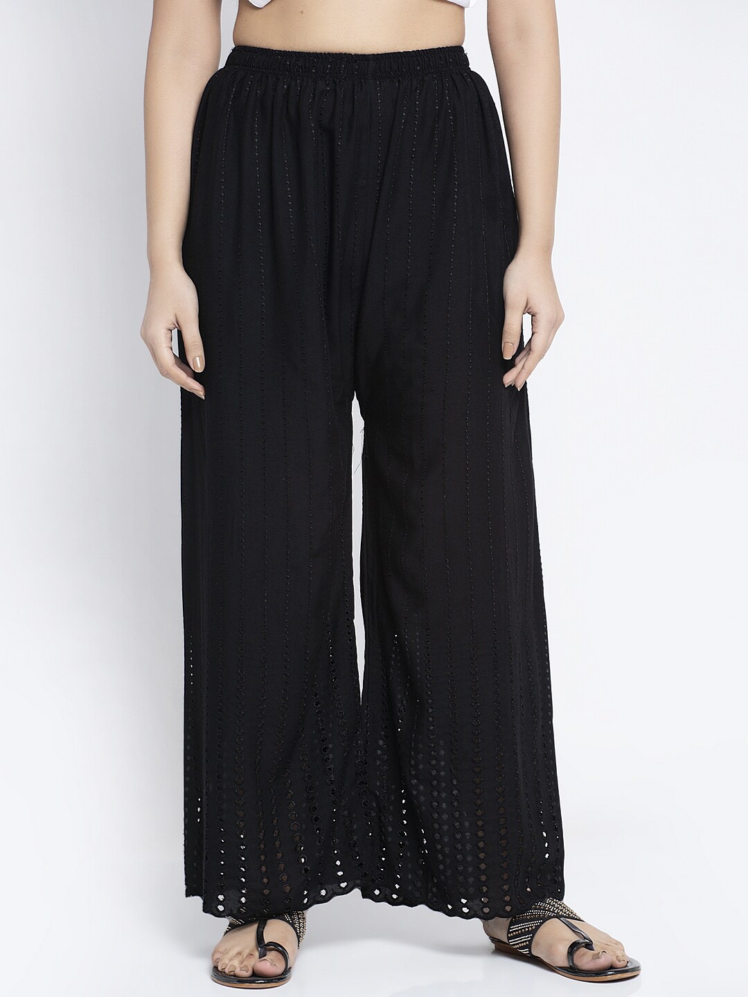 

Jinfo Women Black Embroidered Flared Knitted Ethnic Palazzos