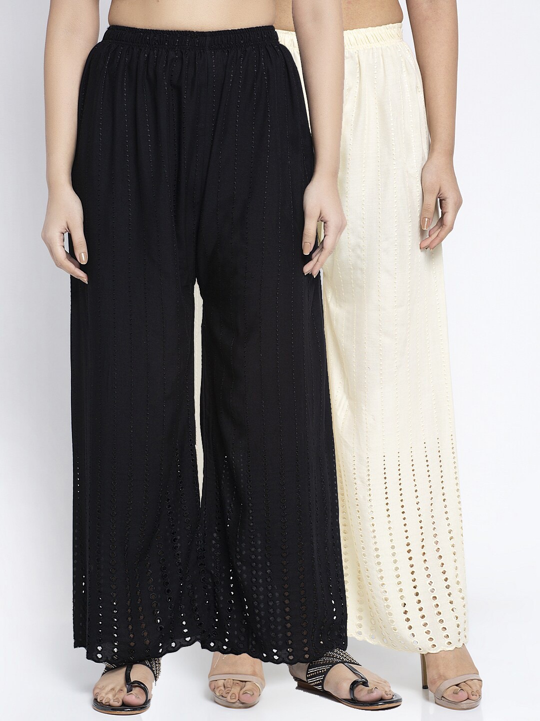 

Jinfo Set-2 Women Black & Off White Embroidered Flared Knitted Ethnic Palazzos