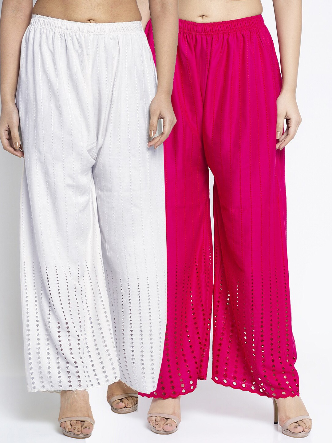 

Jinfo Women Pack Of 2 White & Pink Embroidered Flared Palazzo