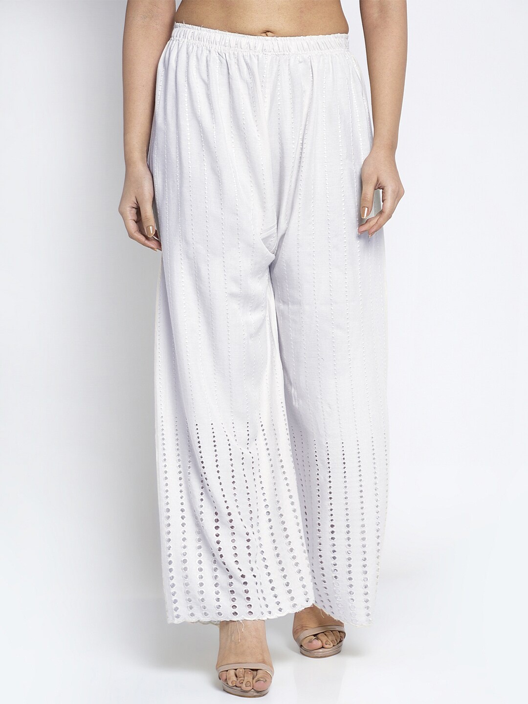 

Jinfo Women White Embroidered Flared Knitted Ethnic Palazzos