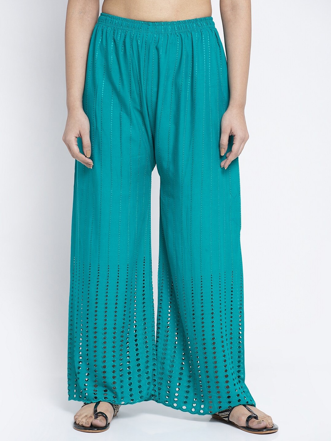 

Jinfo Women Blue Embroidered Flared Palazzo