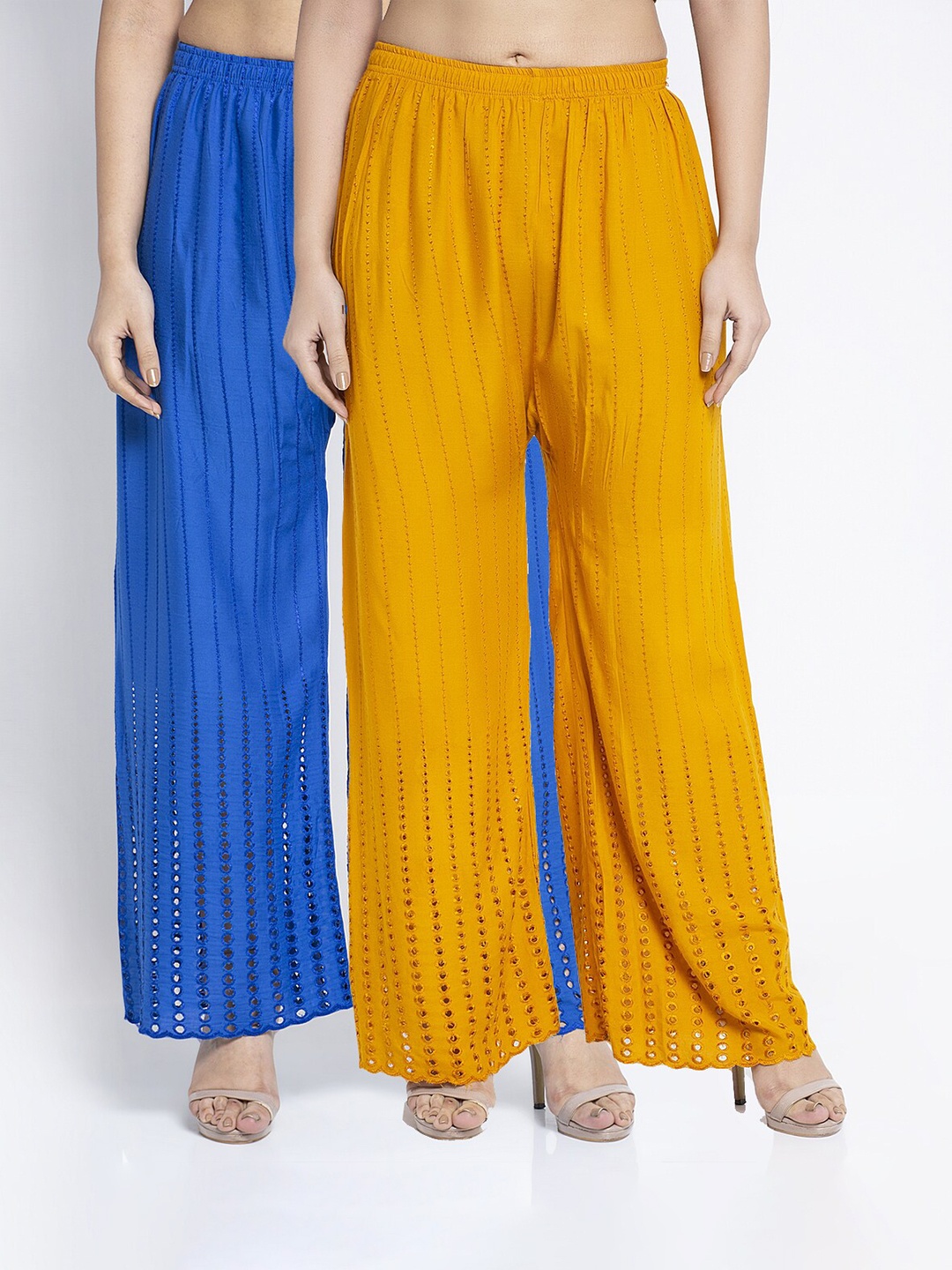 

Jinfo Women Pack Of 2 Blue & Gold-Toned Embroidered Flared Palazzo
