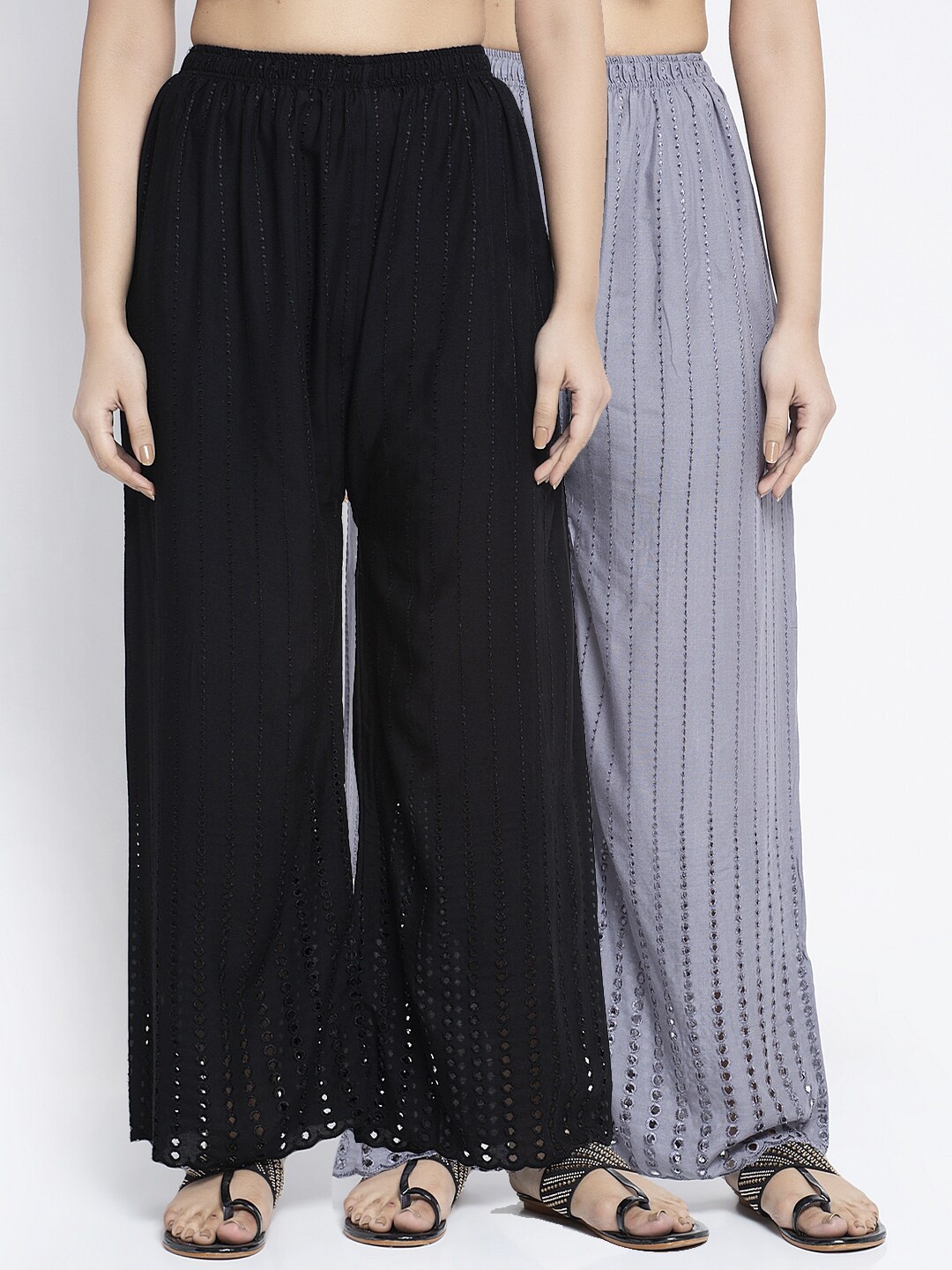 

Jinfo Women Pack Of 2 Black & Grey Embroidered Flared Palazzo