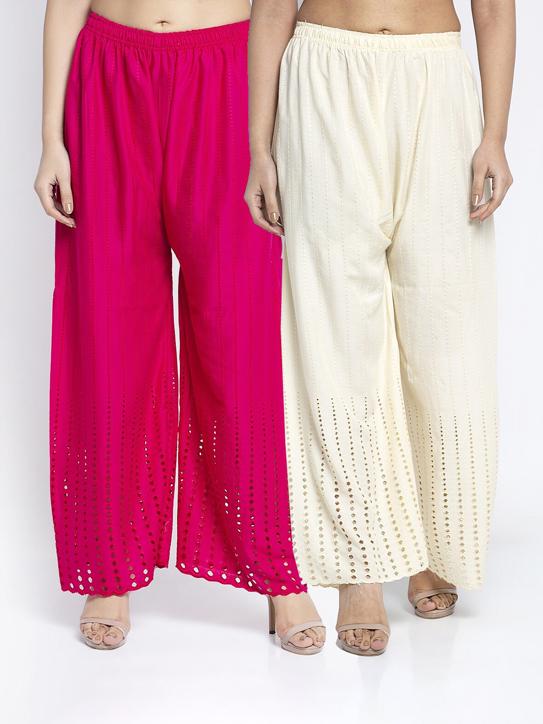 

Jinfo Women Pink & Off White Set Of 2 Embroidered Flared Knitted Palazzos