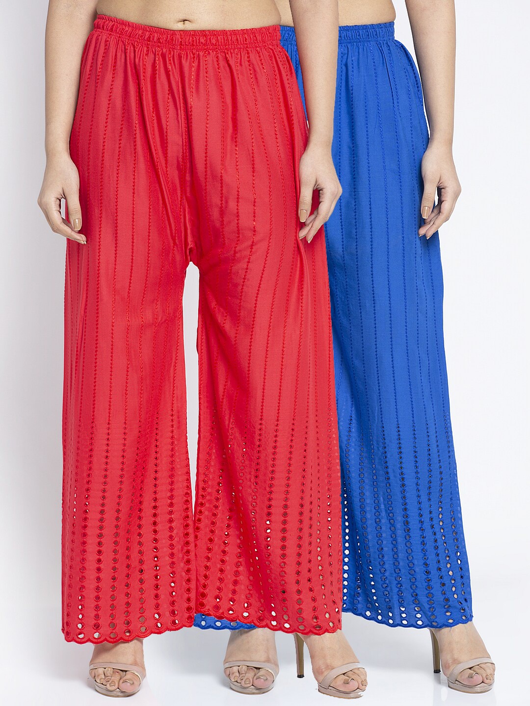

Jinfo Women Red & Blue Set Of 2 Embroidered Flared Knitted Palazzos