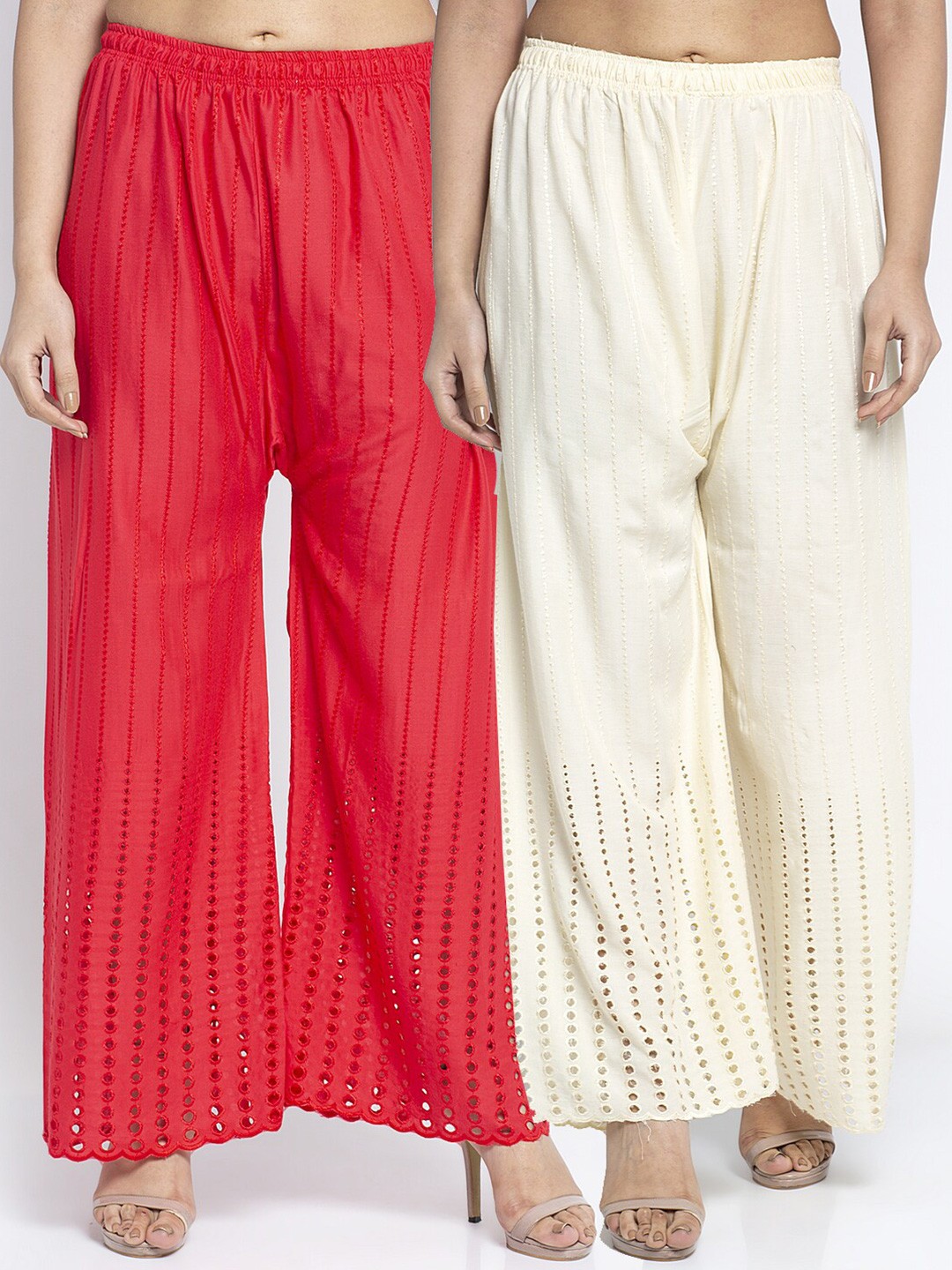 

Jinfo Women Pack of 2 Embroidered Knitted Palazzos, Red