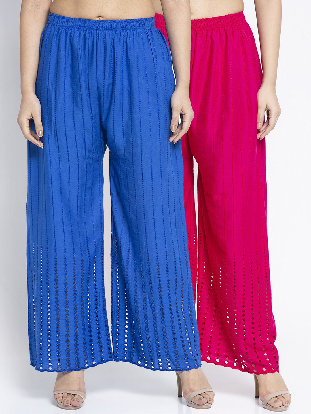 

Jinfo Women Blue & Magenta 2 Embroidered Knitted Palazzos