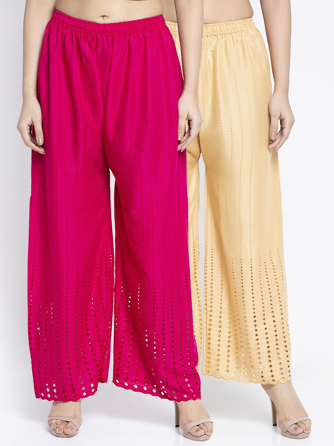 

Jinfo Women Pink & Beige Set Of 2 Embroidered Knitted Palazzos