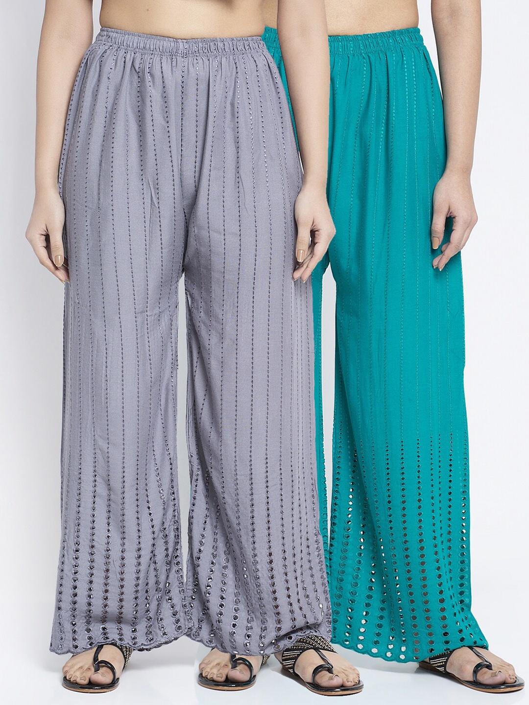 Jinfo Women Grey & Blue 2 Embroidered Ethnic Palazzos