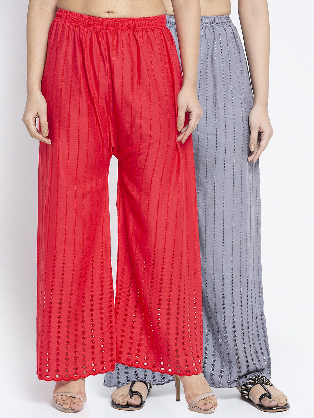 

Jinfo Women Pack of 2 Red & Grey Embroidered Flared Knitted Ethnic Palazzos