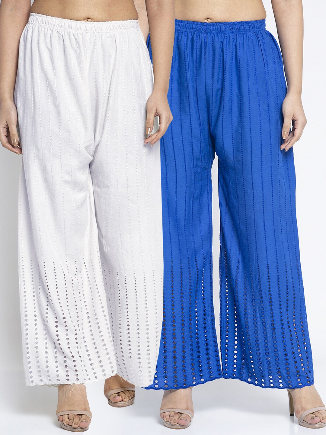 

Jinfo Women Pack Of 2 White & Blue Embroidered Flared Knitted Ethnic Palazzos