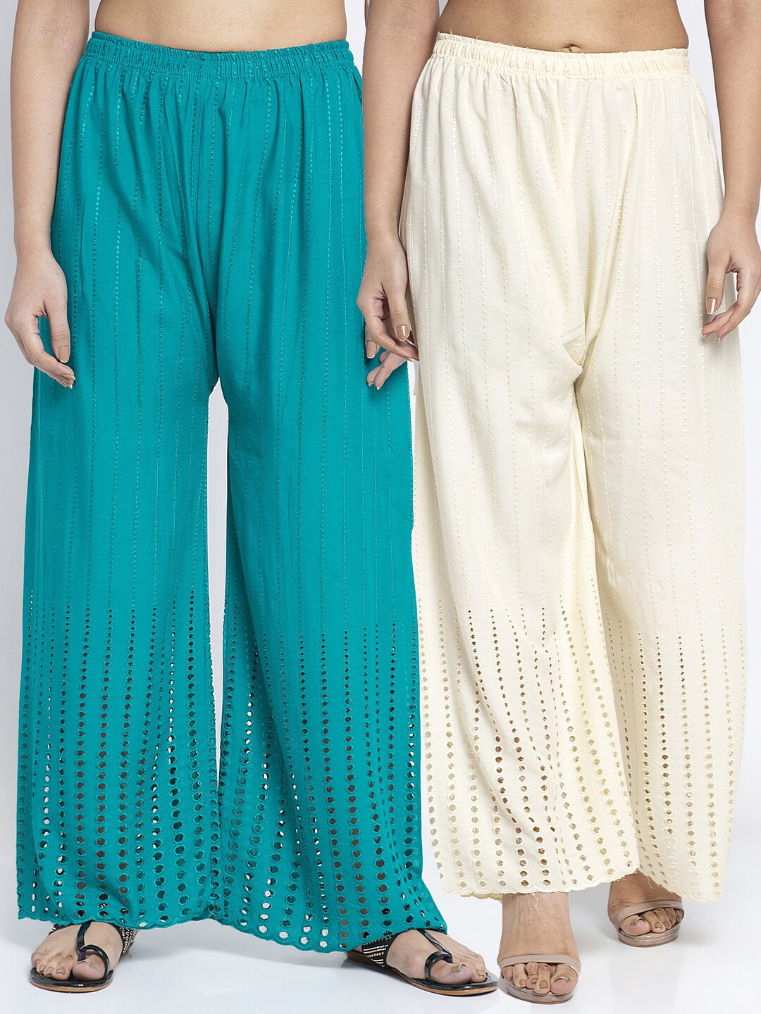 

Jinfo Women Turquoise Blue & Beige Set Of 2 Embroidered Flared Knitted Ethnic Palazzos