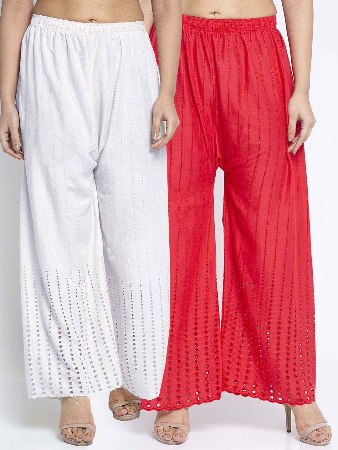 

Jinfo Women Pack of 2 White & Red Embroidered Flared Ethnic Palazzos