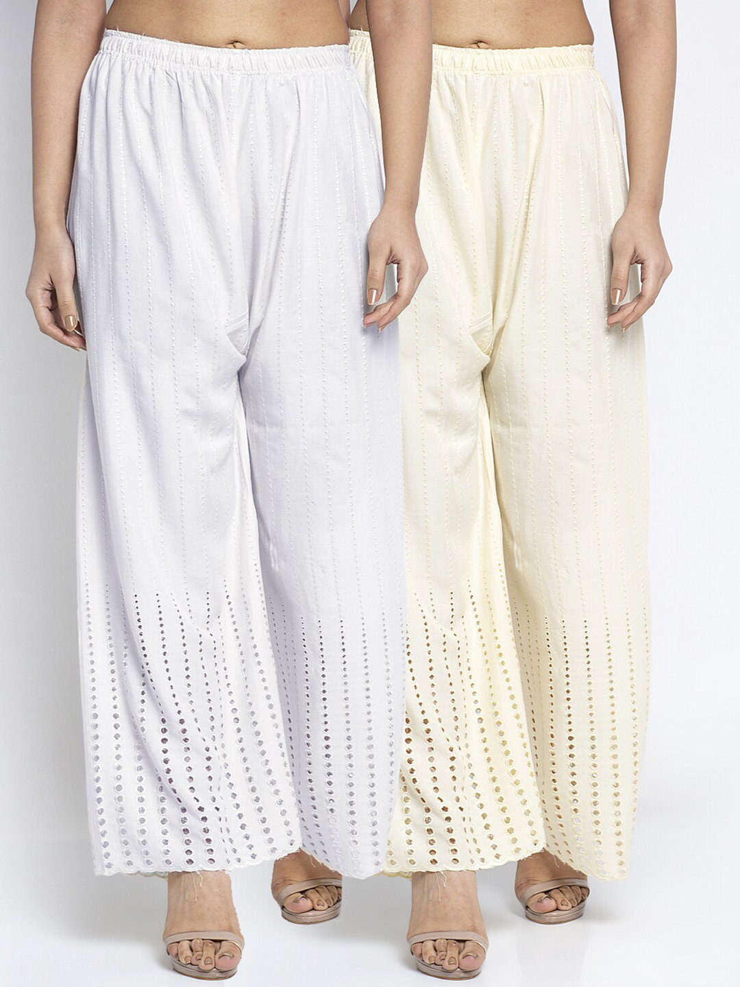 

Jinfo Set-2 Women White Embroidered Flared Knitted Ethnic Palazzos