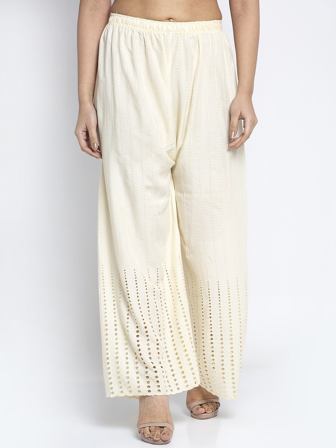 

Jinfo Women Off White Embroidered Flared Knitted Ethnic Palazzos
