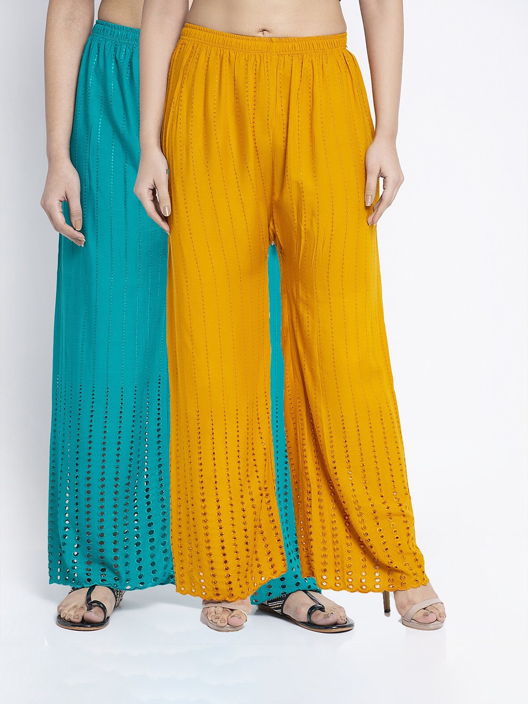 

Jinfo Women Pack of 2 Turquoise Blue & Gold-Toned Embroidered Flared Ethnic Palazzos