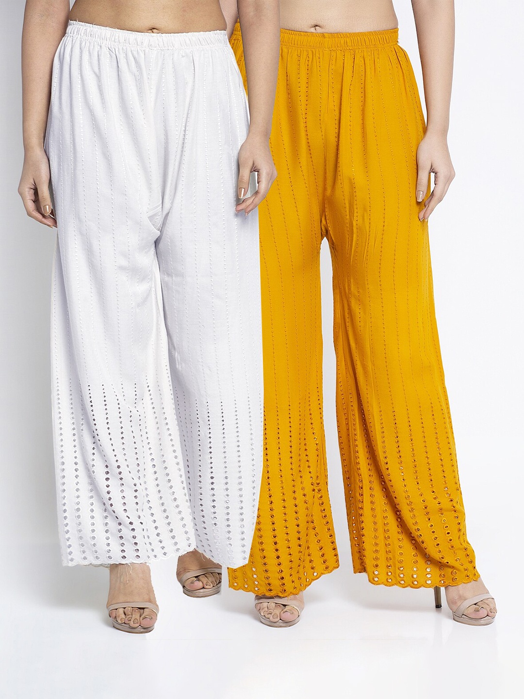 

Jinfo Women Pack Of 2 White & Gold-Toned Embroidered Flared Knitted Ethnic Palazzos
