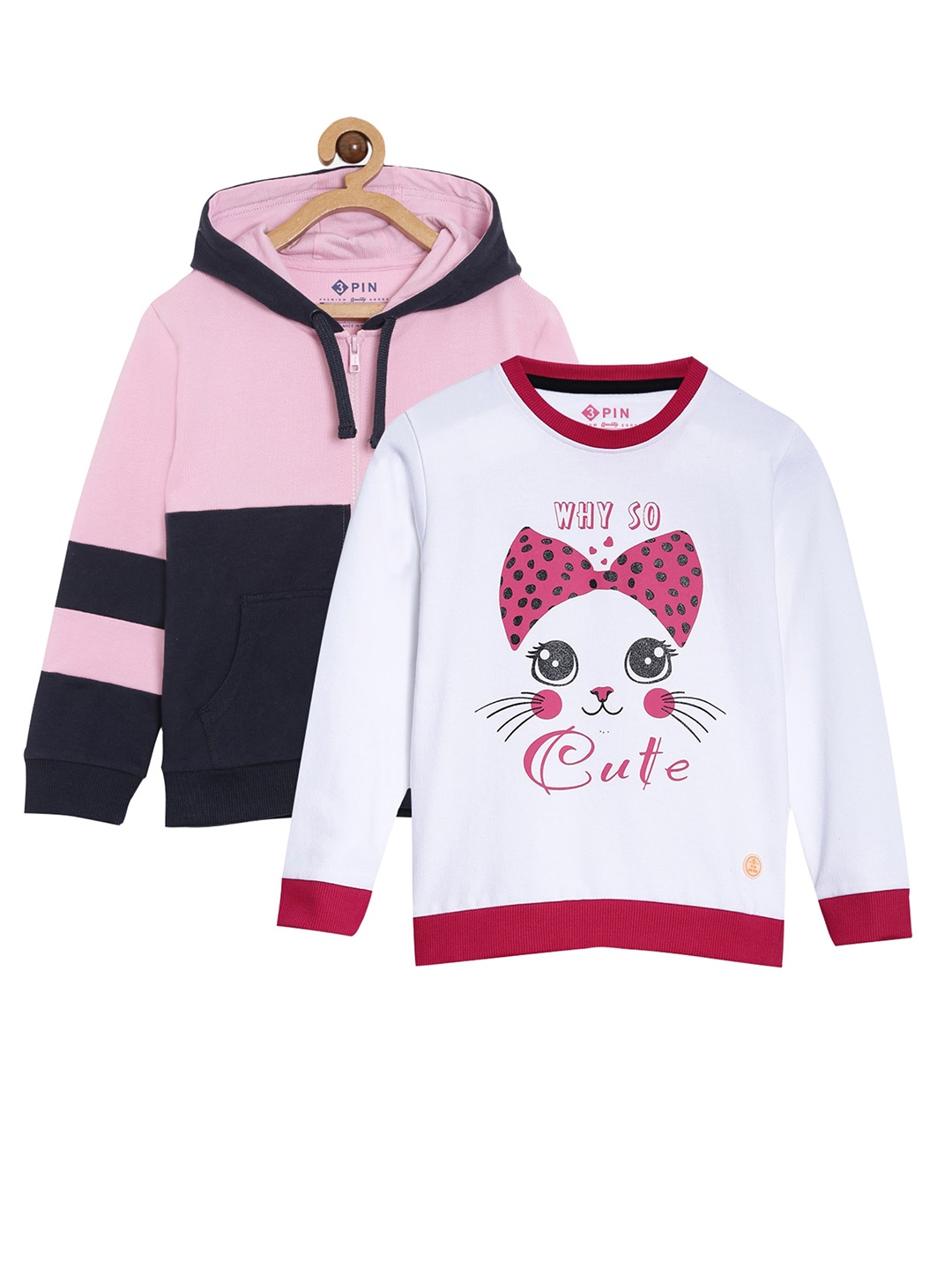 3PIN Girls Pack of 2 Pink Colourblocked Hooded Sweatshirt