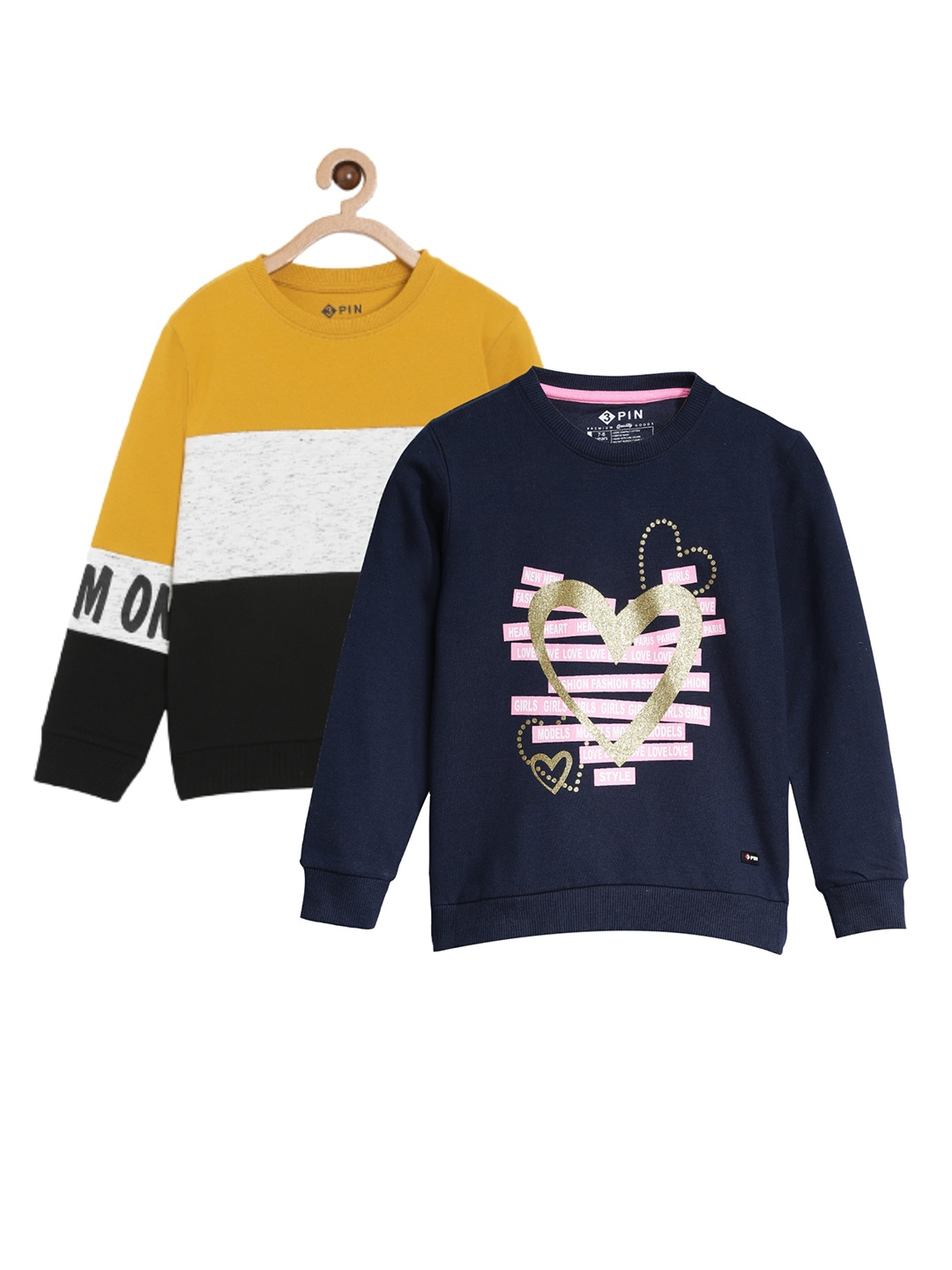 

3PIN Girls Pack Of 2 Navy Blue & Mustard Printed Sweatshirt