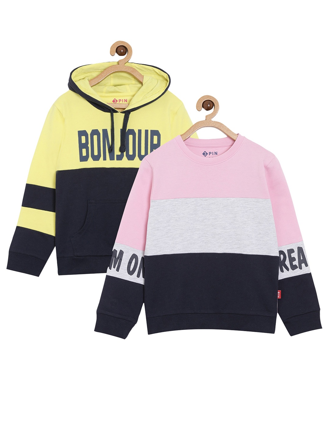 3PIN Girls Yellow & Pink Set Of 2 Colourblocked Hooded Sweatshirt
