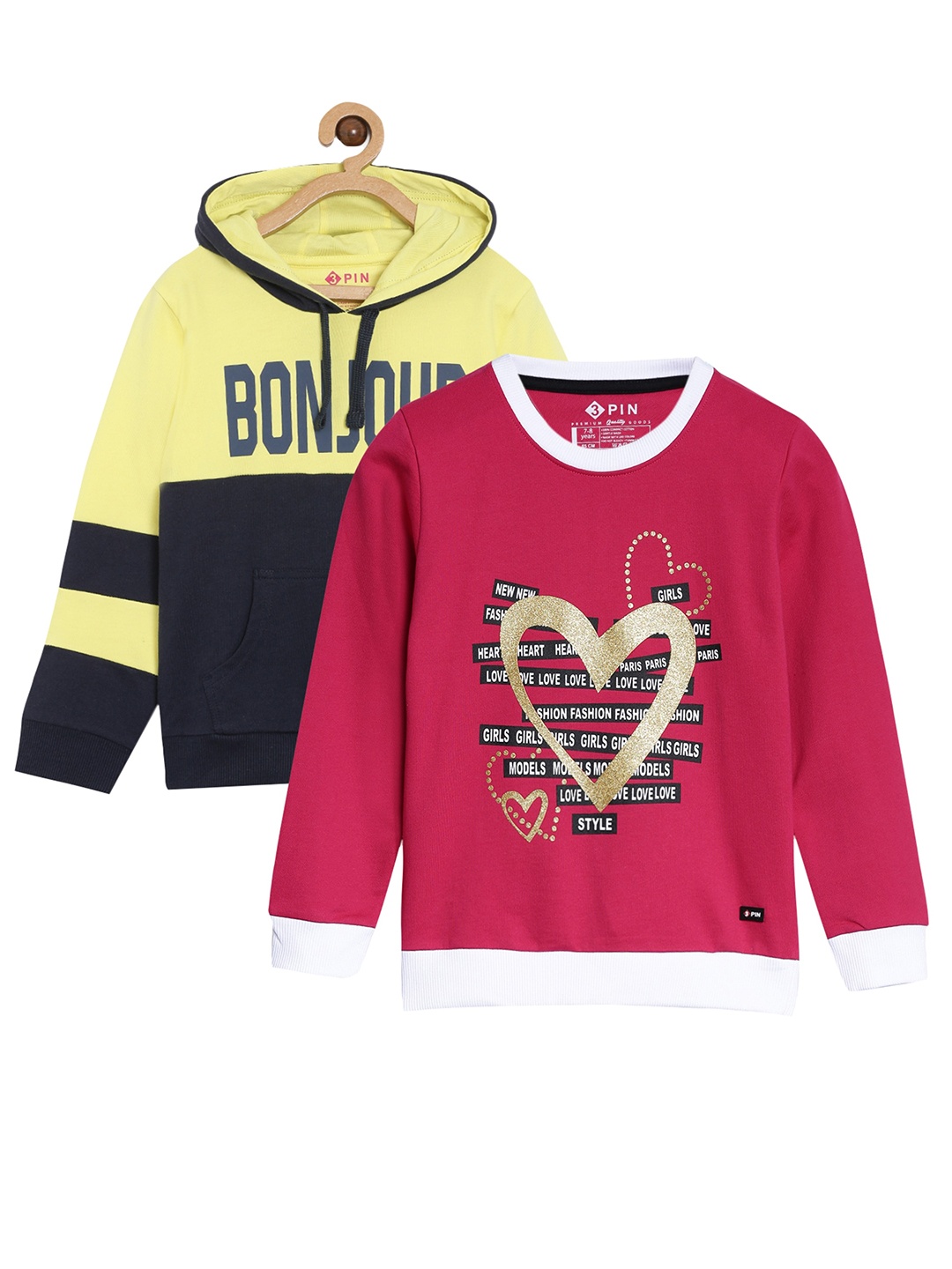 3PIN Girls Pink & Yellow Set Of 2 Printed Sweatshirt