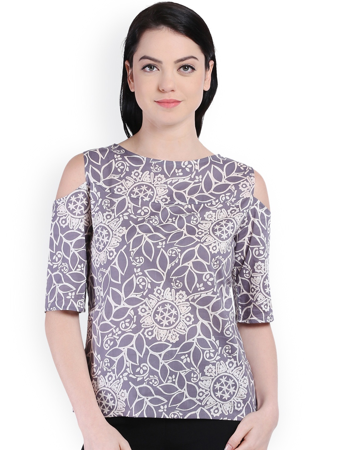 

Style Quotient Women Grey & White Printed Cold-Shoulder Top