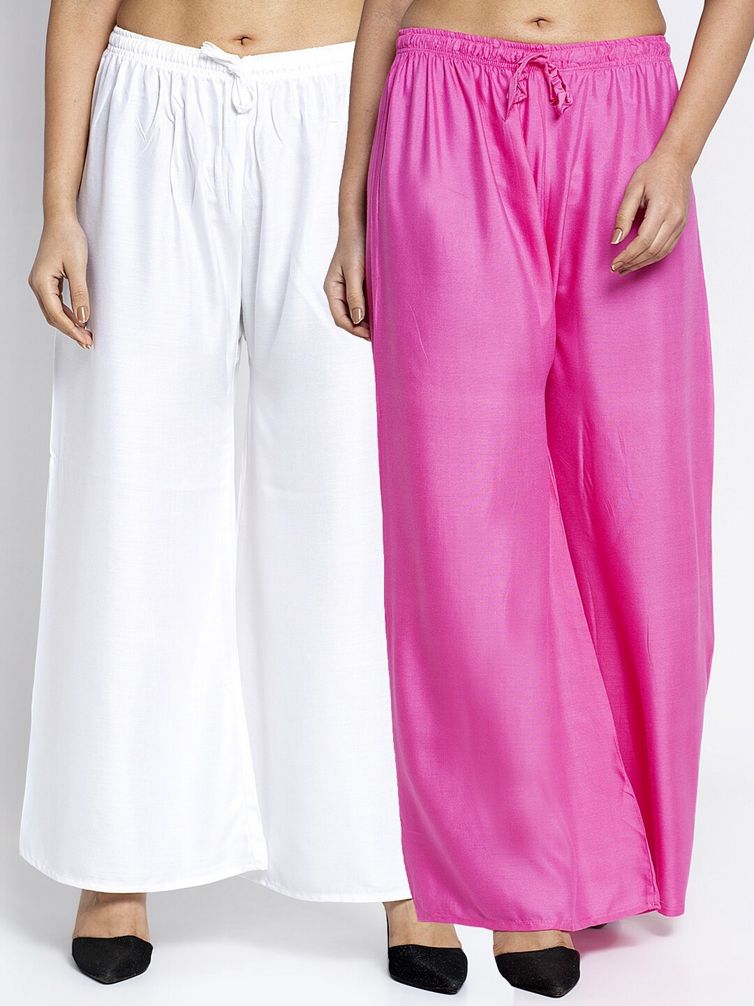 

Jinfo Women Pack of 2 White & Pink Flared Ethnic Palazzos