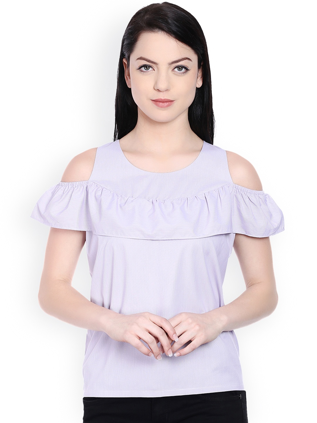 

Style Quotient Women Purple Checked Cold-Shoulder Top