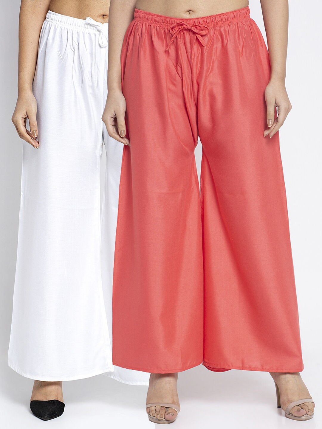 

Jinfo Women Pack Of 2 White & Pink Solid Flared Palazzo