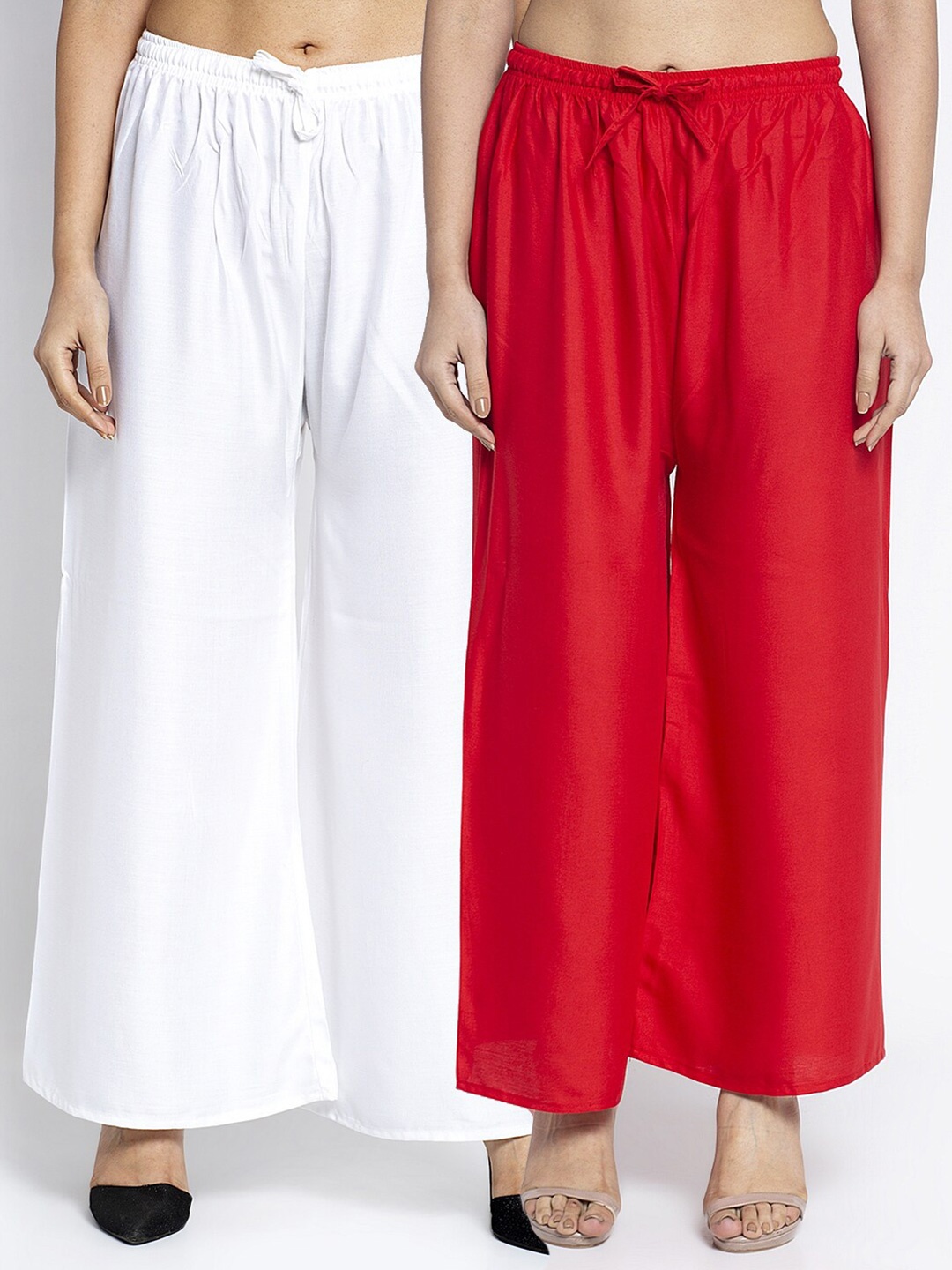 

Jinfo Women Pack of 2 White & Red Flared Knitted Palazzos
