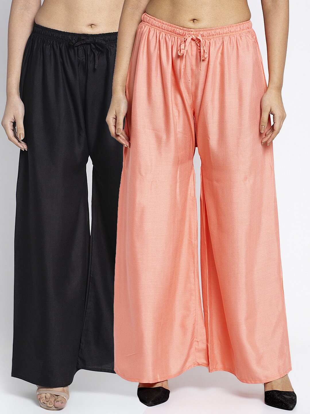 

Jinfo Women Black & Pink Set of 2 Solid Flared Knitted Palazzos