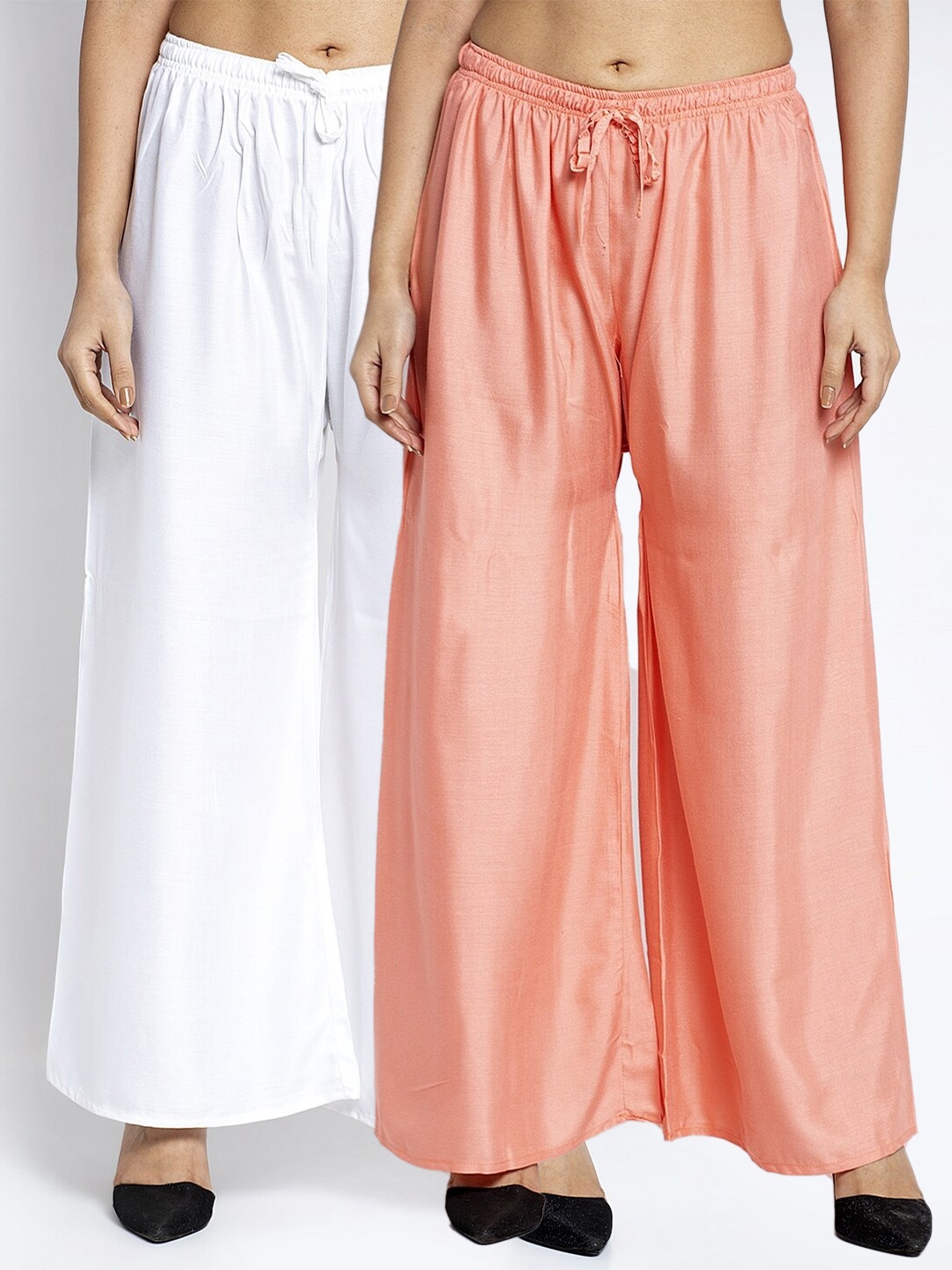 

Jinfo Women White & Peach-Coloured 2 Flared Ethnic Palazzos