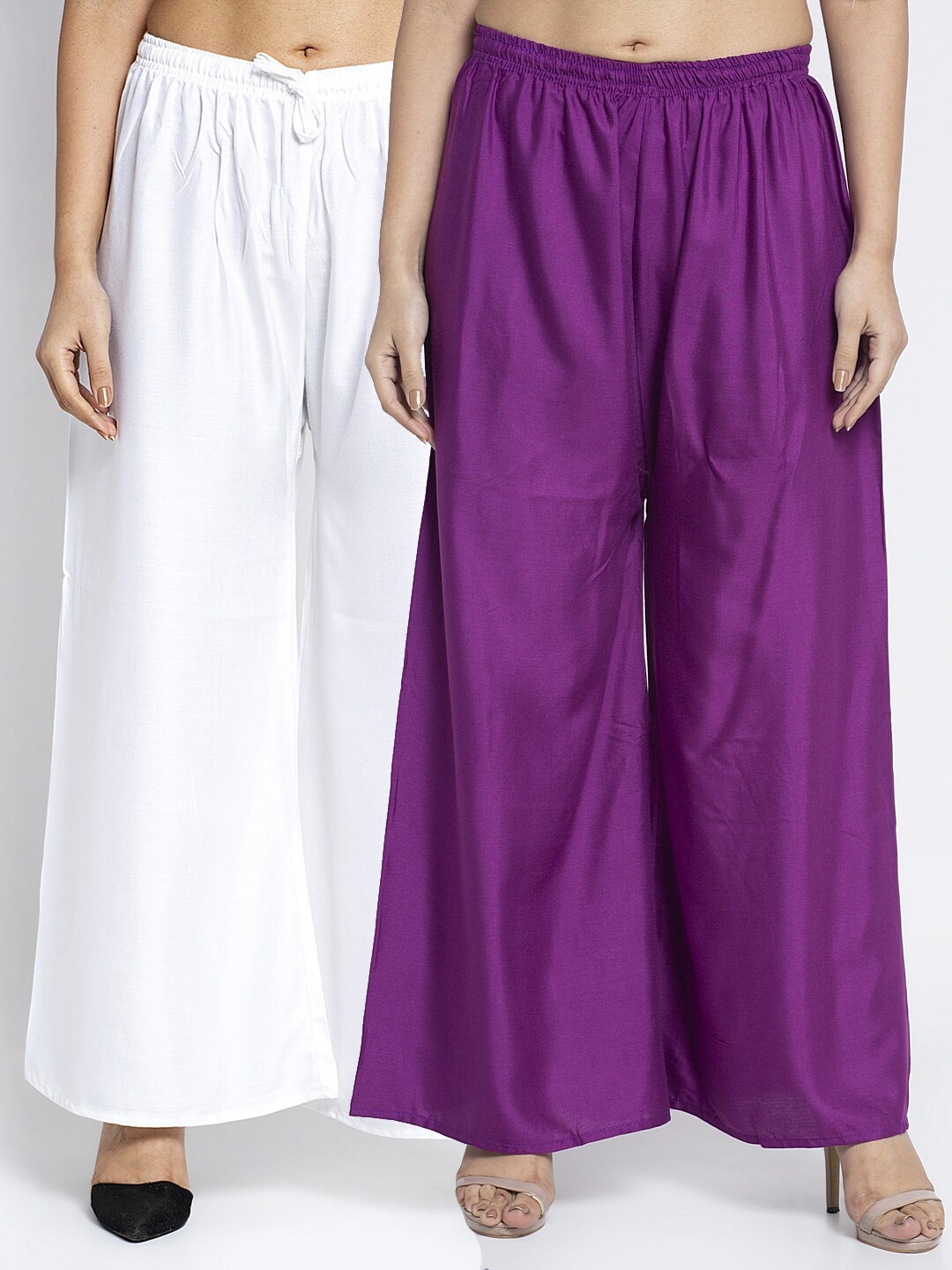 

Jinfo Women Pack of 2 White & Purple Flared Ethnic Palazzos
