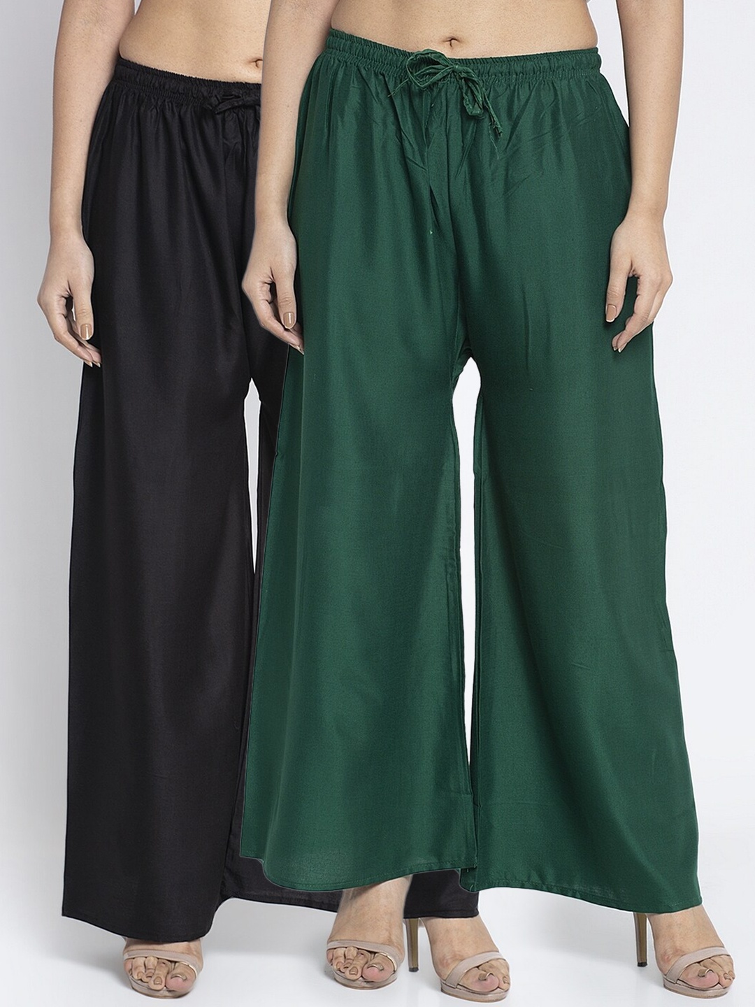 

Jinfo Women Black & Green Set of 2 Solid Flared Knitted Palazzos