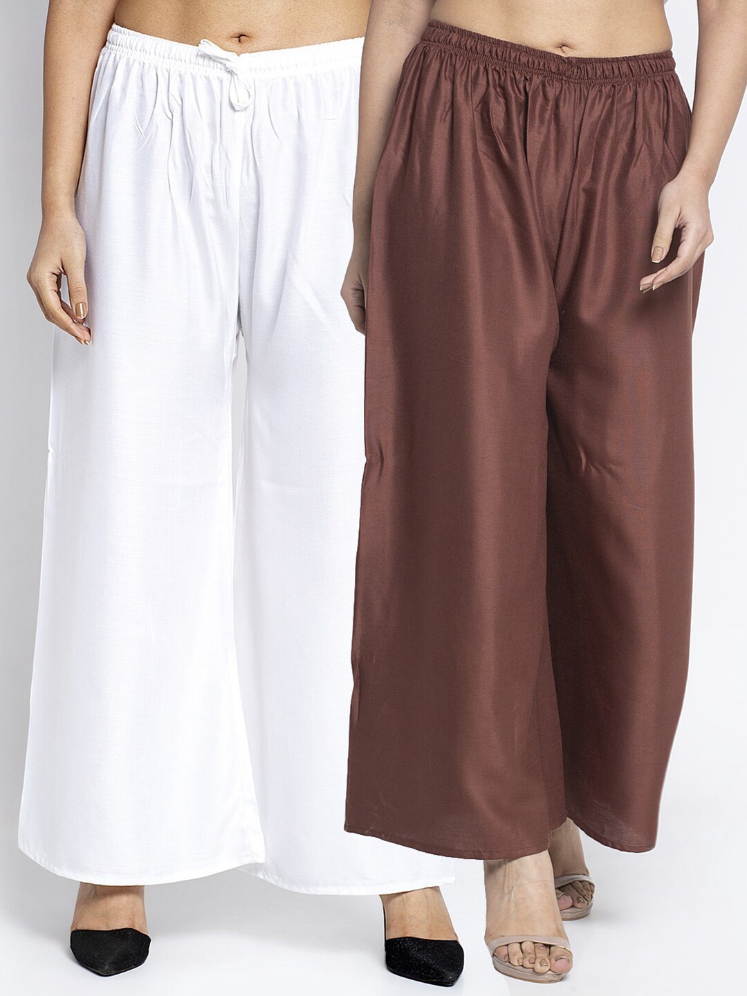 

Jinfo Women Pack of 2 White & Brown Flared Ethnic Palazzos
