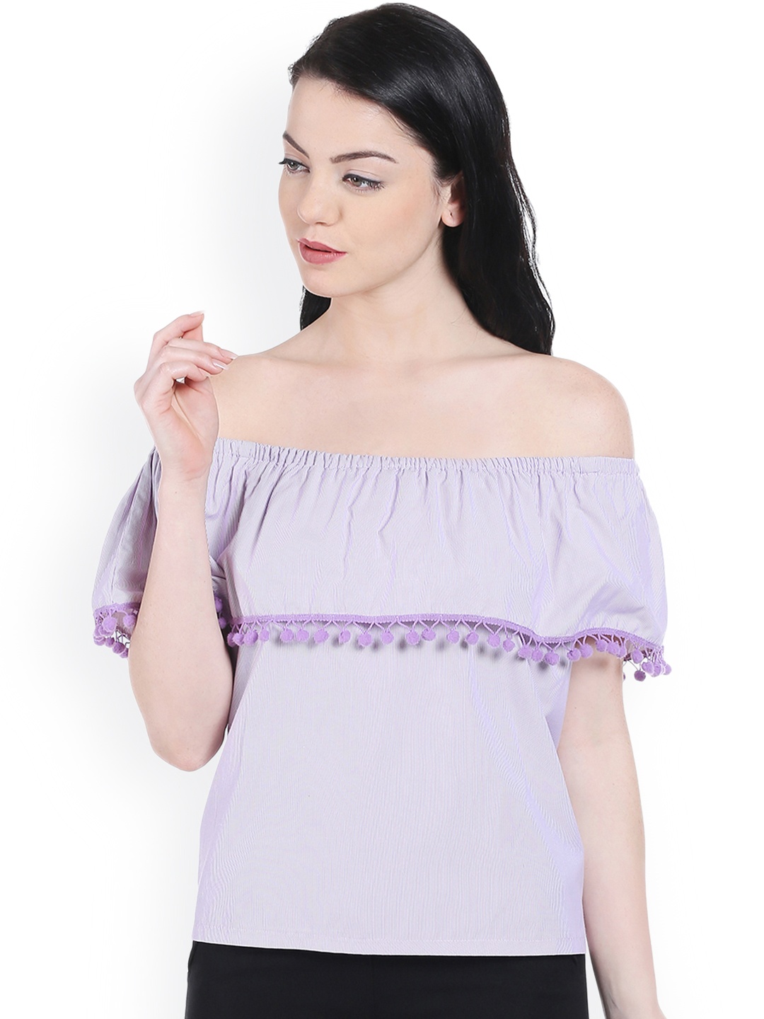 

Style Quotient Women Purple & White Striped Off-Shoulder Top