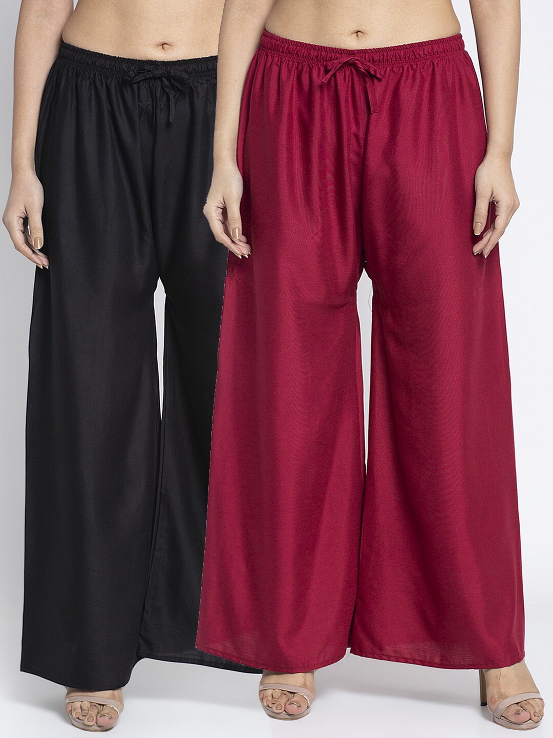 

Jinfo Women Pack Of 2 Black & Maroon Solid Flared Palazzo