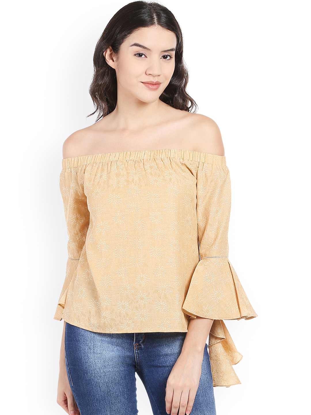 

Style Quotient Women Beige Embroidered Off-Shoulder Top